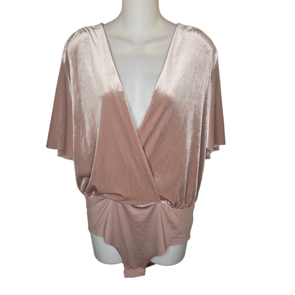 Zara Champagne Velvet Short-Sleeve Bodysuit, Size Large